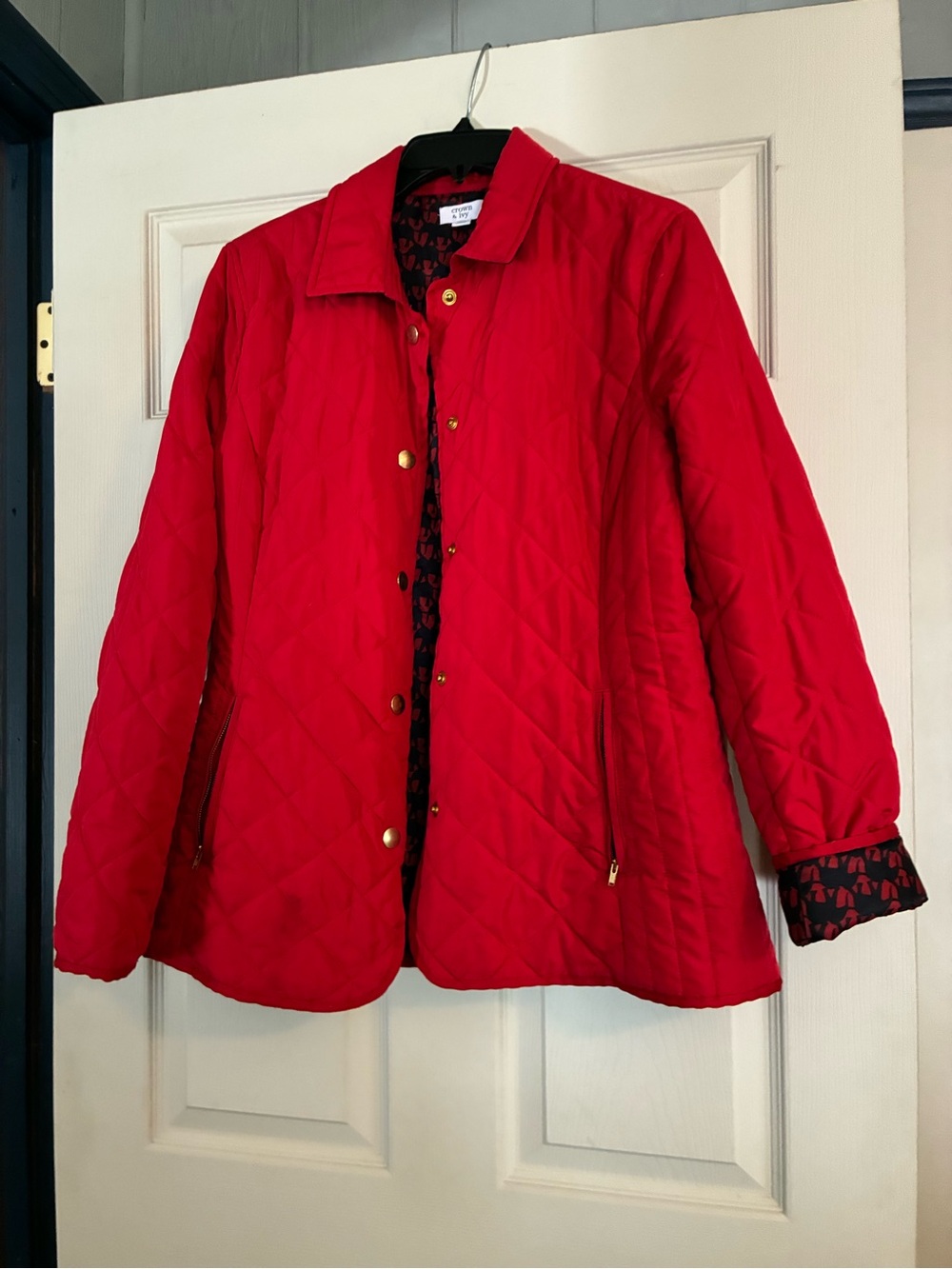 crown & ivy Quilted Red Puffer Jacket with Gold Snaps